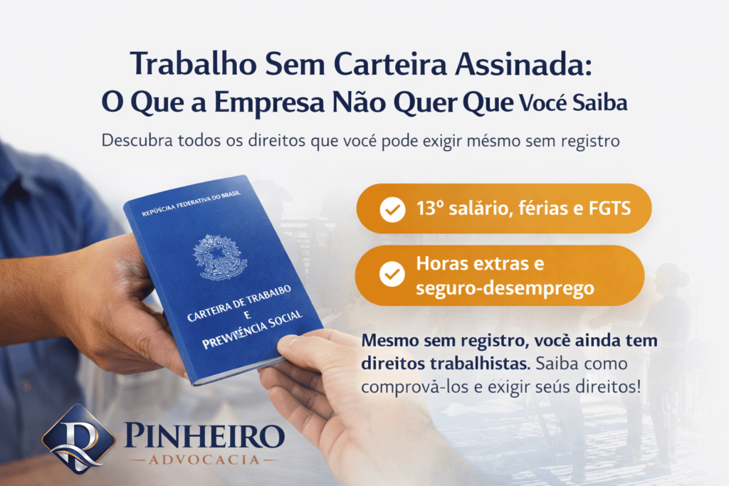 Imagem informativa do escritório Pinheiro Advocacia sobre trabalho sem carteira assinada, explicando direitos do trabalhador informal como 13º salário, férias, FGTS, horas extras e seguro-desemprego, com destaque para reconhecimento de vínculo empregatício conforme a CLT.